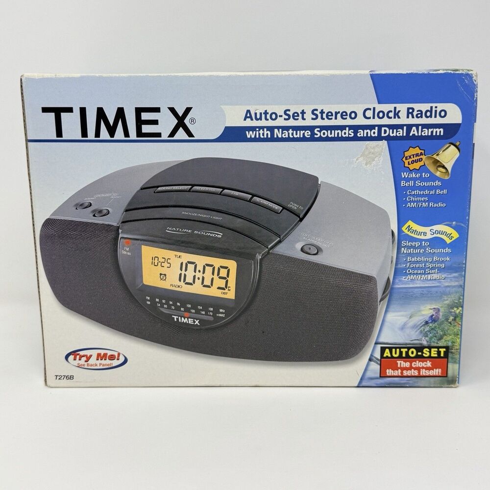 Timex T276B Auto Set Stereo Clock Radio Nature Sounds Dual Alarm New Box